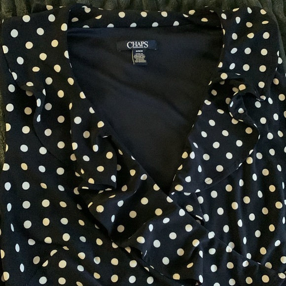 Chaps by Ralph Lauren Faux Wrap Polka Dot Dress in Navy. Size Medium. - Picture 3 of 4
